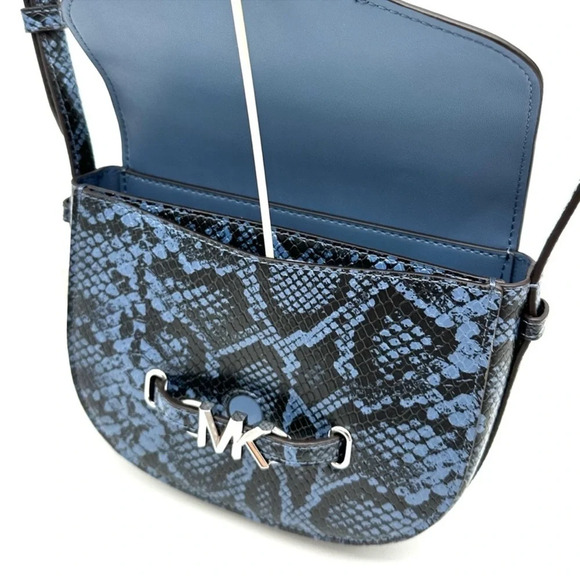 Michael Kors Small Reed Leather Saddle Crossbody Bag Snakeskin Denim - Picture 8 of 11